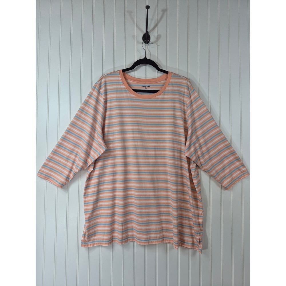 Lands' End Womens 2X Peach Blue Striped 100% Supima Cotton 3/4 Sleeve Tee Shirt